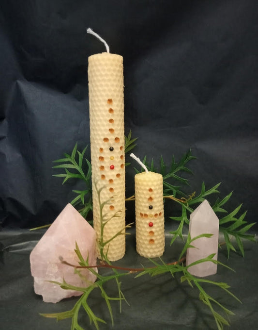 Ochre Adorned, bead inset decorated, Pure Australian Bees Wax Candle Set, 6 piece per set.