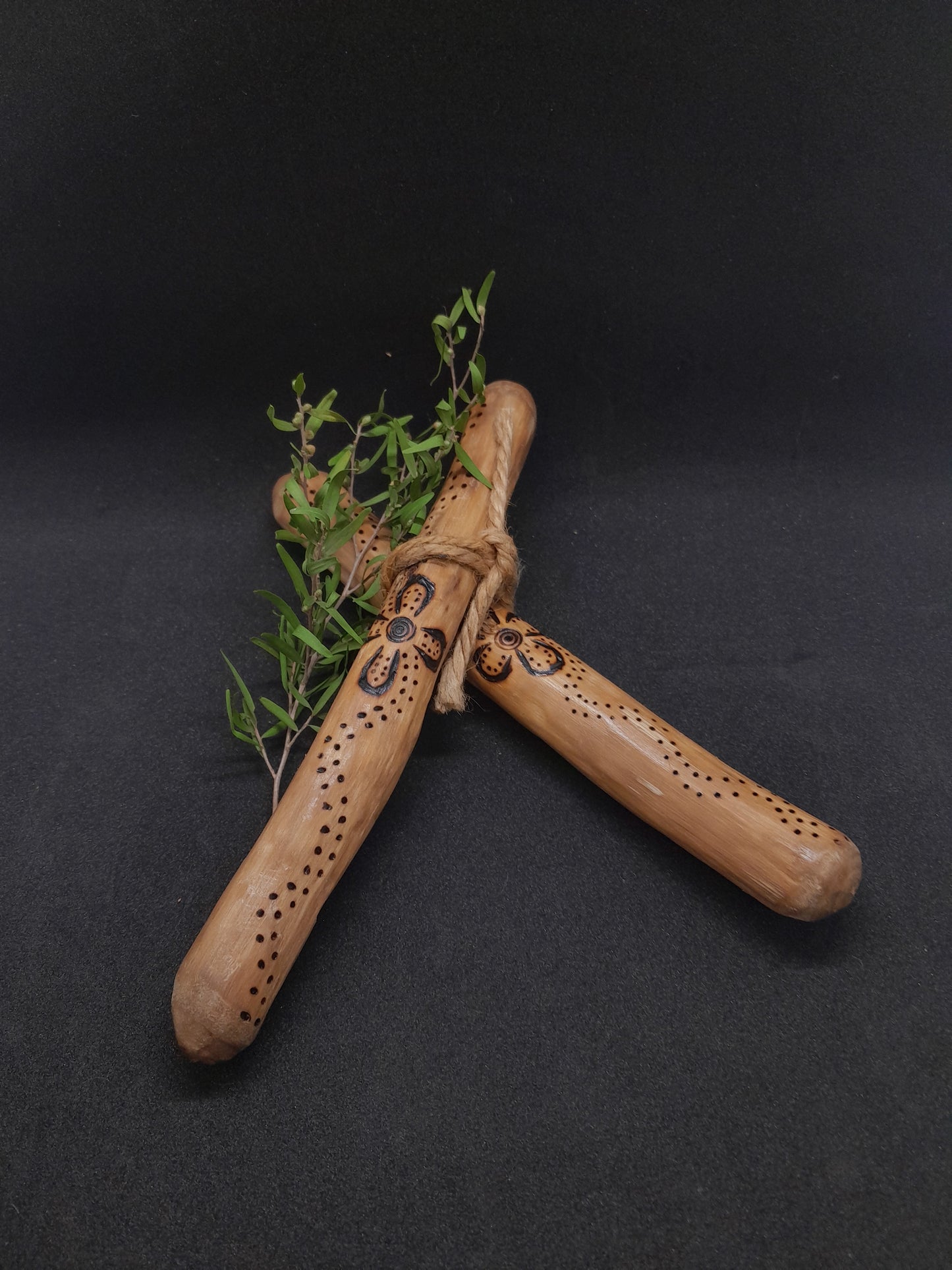 Clap Sticks First Nations Culture - Hand Crafted Burnt Wood design. Aboriginal, Indigenous Art, Artifact